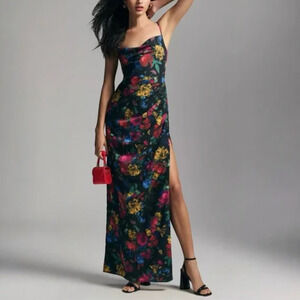 Anthropologie Hutch Floral Maxi Slip Dress Size 14 Black Cowl Gown Designer $319